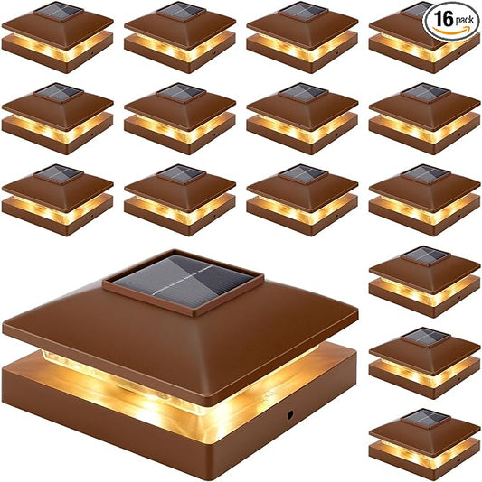 Solar Post Cap Lights Outdoor 16pack, Brown Waterproof Solar Powered Deck Fence Post Lights Fit 4x4 Wood/Vinyl Posts, Bright Warm White Solar Post Lights Decorate Deck, Patio, Porch, Fence (16pack)