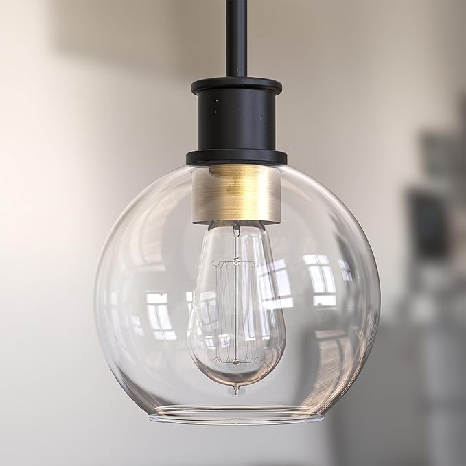 Tawson Black and Gold Pendant Light, Modern Globe Pendant Light, Island Pendant Lights with 6.5 inch Clear Globe Glass Shade for Kitchen Island, Hallway, Entryway, Dining Room, Bedroom