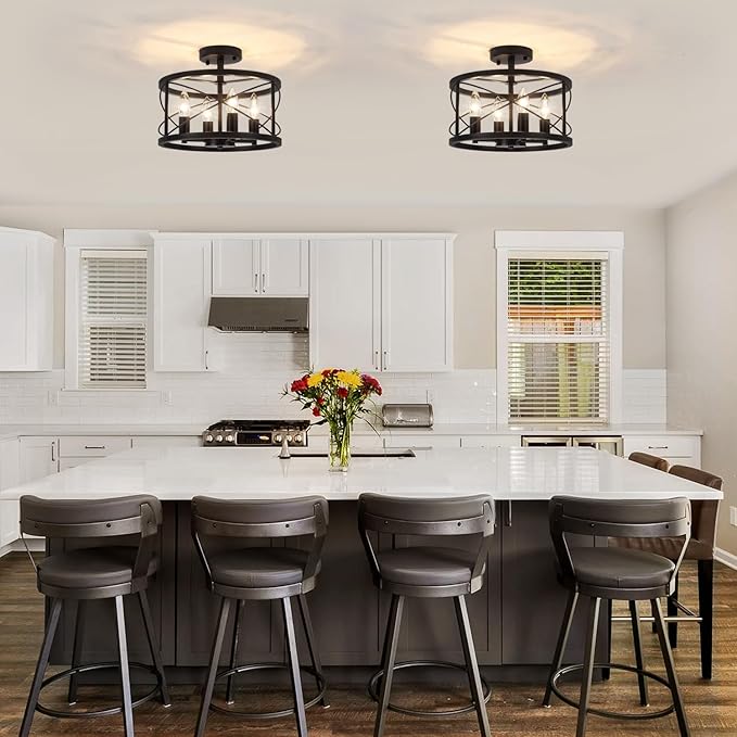 TOULMJ 4-Light Black Semi Flush Mount Ceiling Light, Farmhouse Modern Light Fixture, Hallway Light Fixtures Close to Ceiling Lighting Fixture for Kitchen Island Entryway Laundry Dining Room