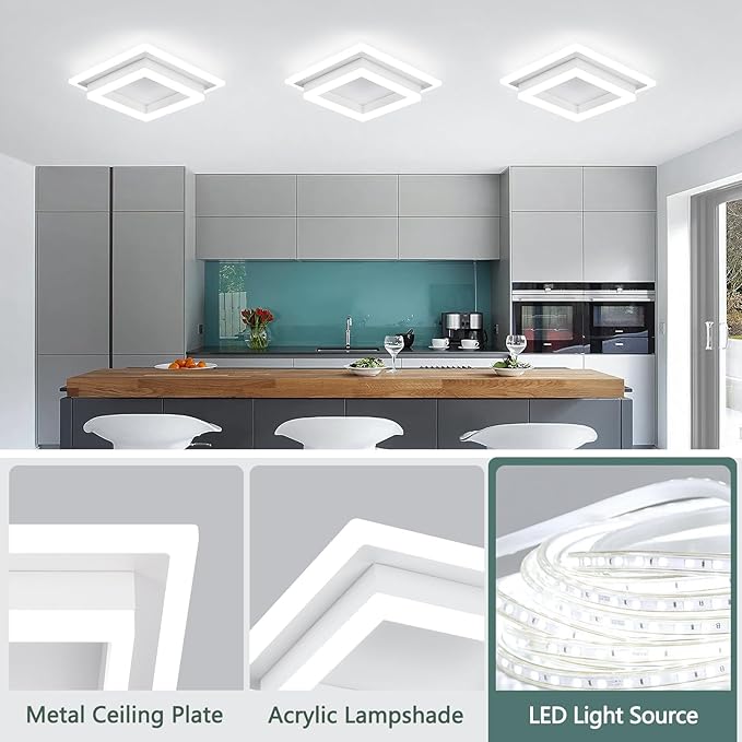 32W Flush Mount Modern LED Ceiling Lights, Small Hallway Ceiling Light, Cool White 6000K Acrylic LED Kitchen Ceiling Light Fixtures for Bedroom Dining Room Bathroom (2 Pack)