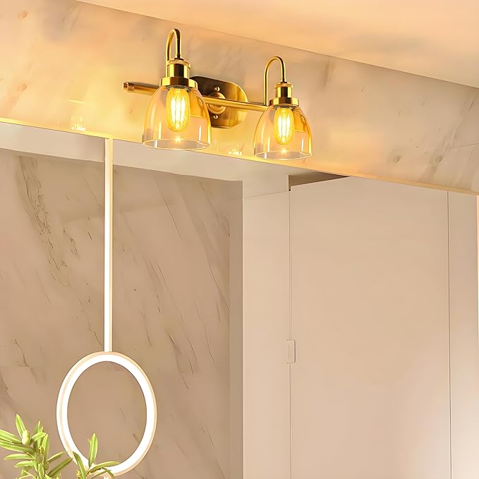 Lightdot Brushed Nickel Bathroom Light Fixture, 17.5IN 2-Light Bathroom Vanity Light with Clear Glass Shades, 60W Max/120V Modern Gold Vanity Lights for Mirror Kitchen Living Room, E26 Base-Gold