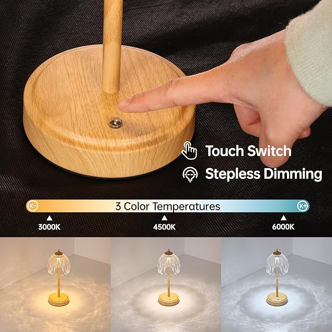 Shenmoyl Tulip Table Lamp with 5200mAh Battery & Touch Control, Small Cordless Table Lamp with 3 Colors, Rechargeable Battery Operated Table Lamps for Bedroom, Desk, Bedside (Transparent-Beech Color)