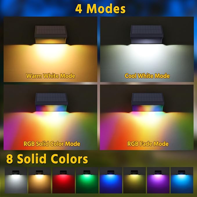 NIORSUN Outdoor Fence Lights, 10 Pack Waterproof LED Solar Fence Lights with 1500mAh Battery, Warm White/Cool White/RGB, Easy-to-Install Wall Light for Deck, Patio, Railing, Stairs, Backyard – Black