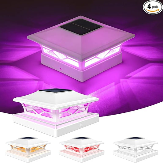 VOLISUN Solar Post Cap Light Outdoor Waterproof: RGB Color Changing - Solar Fence Cap Flashing Lights 4Pack White for 4x4 5x5 6x6 Wooden Vinyl Post