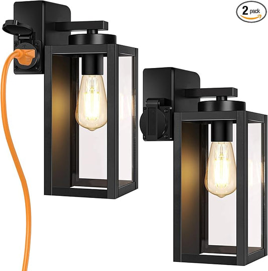 BesLowe 2-Pack Porch Lights Outdoor with UL Certified Outlet, Modern Outdoor Wall Lights Exterior Lighting Fixtures Waterproof, Exterior Wall Sconces Outside Lights for House Front Door Garage, Black