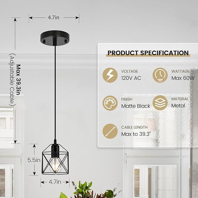 1-Light Hanging Pendant Light Fixture, Black Pendant Lights Kitchen Island, Farmhouse Pendant Lighting with Bedroom Dining Room, E26 Base, Bulbs Not Included