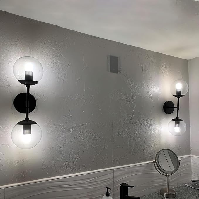 KoKo&Yukina Mid Century Modern Bathroom Vanity Light Matte Black Clear Glass Globe Vanity Light Fixtures Globe Sconce 2-Light Bathroom Lights Wall Fixtures Mid Century Wall Sconce