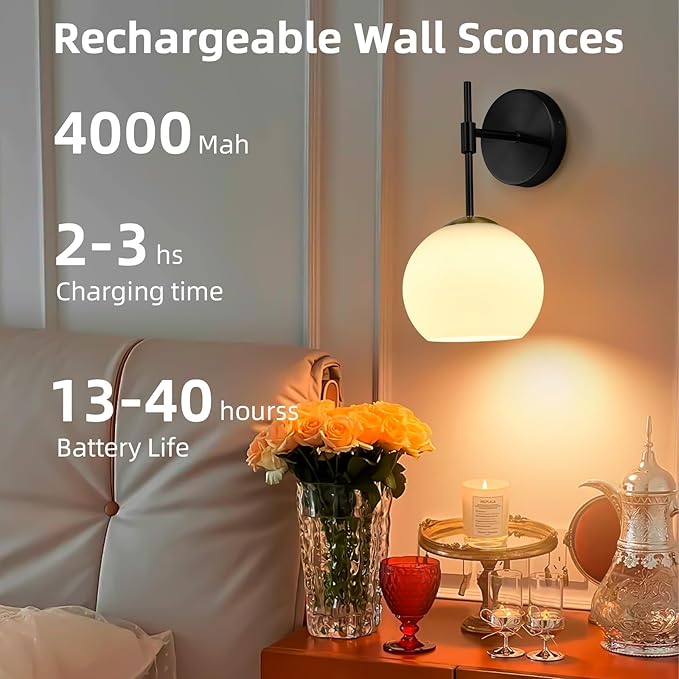 Battery Operated Wall Sconces Set of 2, Rechargeable Wall Lights with Frosted Glass Shade, 12 RGB and 3CCT Dimmable, Wall Lamps with Remote for Bedroom Living Room Hallway, Black