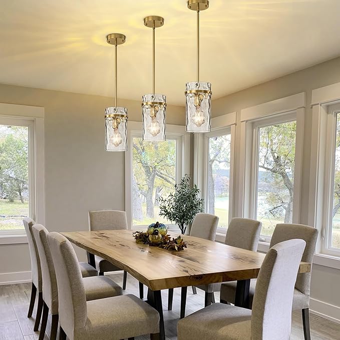 Brass Hammered Glass Pendant Light, 5.5" Brushed Gold Island Pendant Lights Vintage Kitchen Island Light Gold Pendant Light Fixtures Dining Room Light Island Lights Pendant Lighting 1 Pack