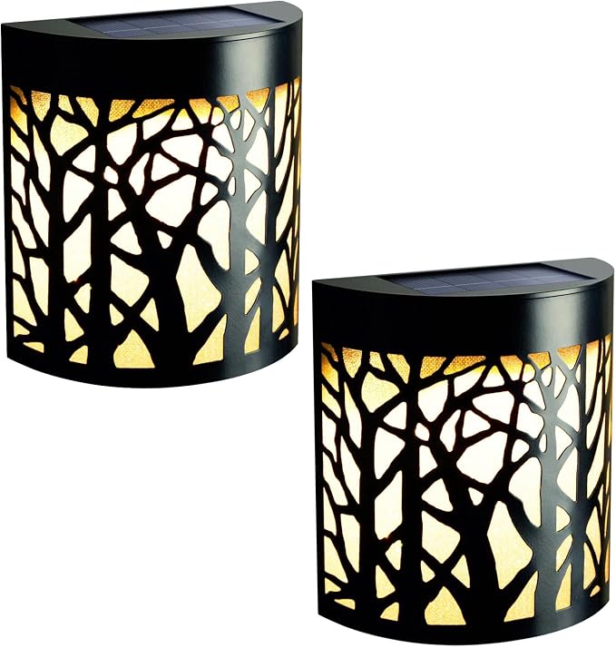 DenicMic Solar Wall Lights Outdoor Wall Sconce Fence Lighting for Patio Front Door Yard Deck Stair Led Forest Decorative Lamps, Waterproof, Warm White/Color Changing (2 Pack)