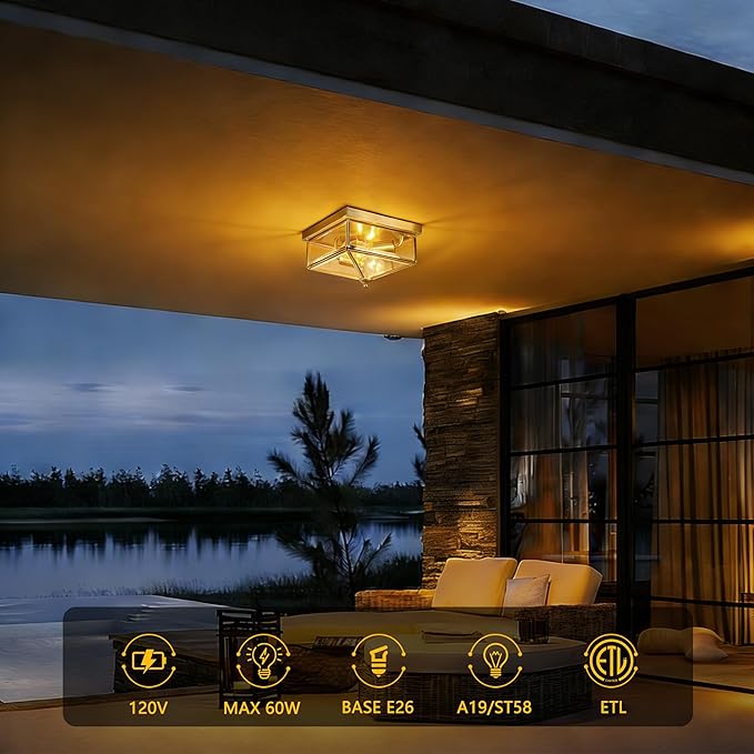 Kalium Flush Mount Ceiling Light Fixture, 2-Light Brushed Nickel Ceiling Light with Clear Glass, Modern Farmhouse Indoor/Outdoor Lighting for Kitchen, Hallway, Entryway, Foyer, Stairway (E26 Base)