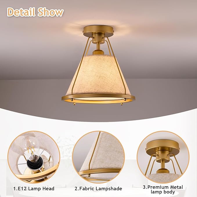 Gold Semi Flush Mount Ceiling Light Fixture with Fabric Shade Modern Bedroom Light Fixture Farmhose Close to Ceiling Light for Living Room Kitchen Hallway Entryway