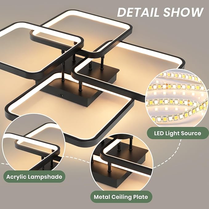 EIDISUNY Modern Led Ceiling Light Fixtures for Living Room, Dimmable Square Ceiling Lighting Fixture with Remote Control, 3 Colors Flush Mount Ceiling Light for Dining Room, Kitchen, Living Room