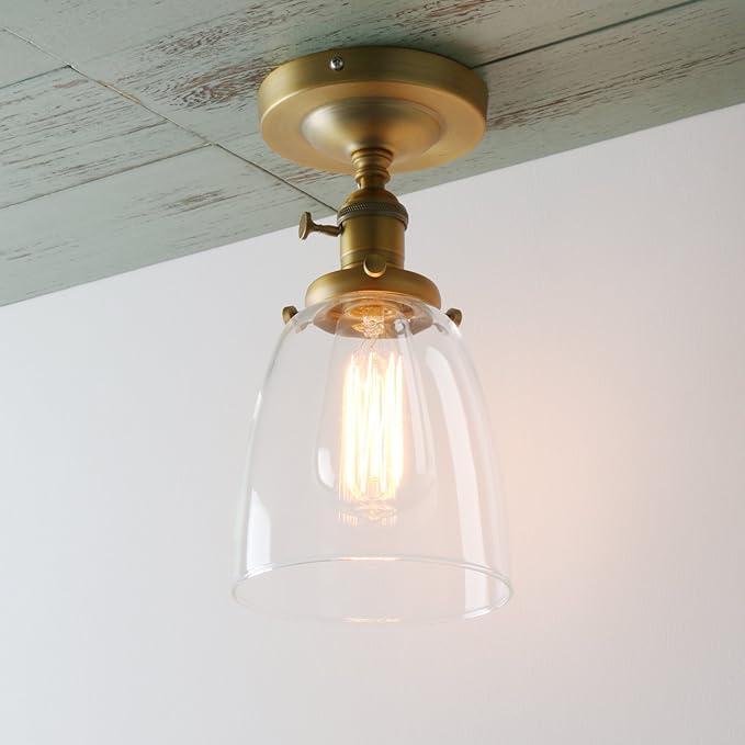 PERMO Modern Small Semi Flush Mount Ceiling Pendant Light Glass Ceiling Lights Hallway Fixtures with Flate Ribbed Glass Lampshade, 1-Light (Antique, 292)