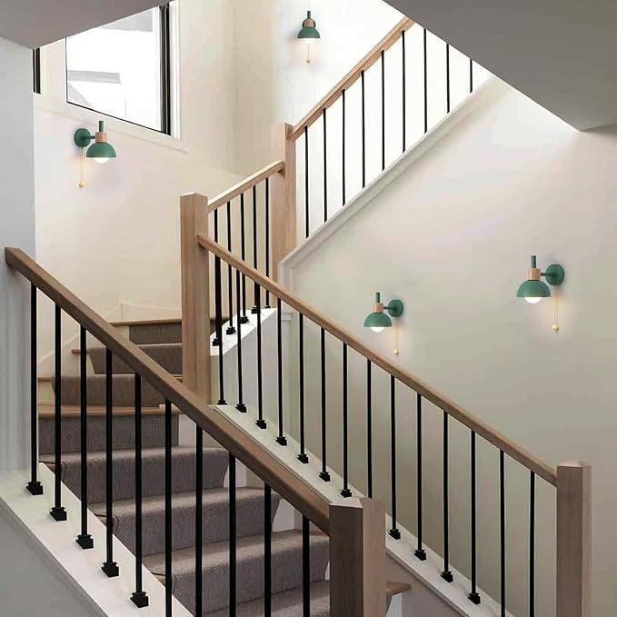 Pull Chain Wall Lights for Bedroom Modern Bathroom Wall Sconce Light with Switch E26 Socket Bedside Wall Lamps for Living Room Vintage Wall Light Fixtures for Hallway Porch Vanity Green