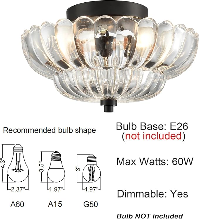 HYDELITE Modern Black Ceiling Light Traditional Semi Flush Mount Ceiling Light with Scalloped Clear Glass for Living Room Hallway Close to Ceiling Light Fixture