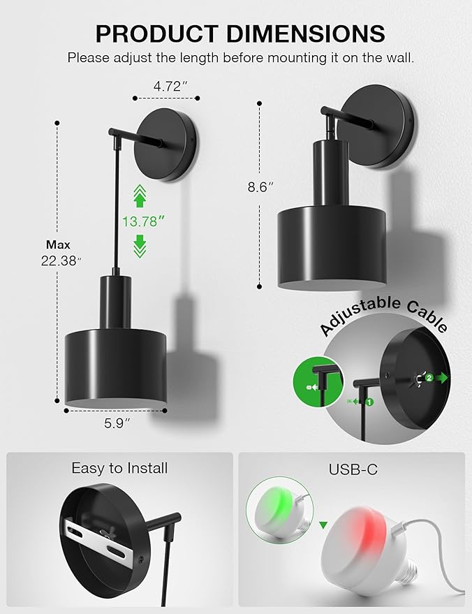 NIORSUN Battery Operated Wall Sconce Set of 2, Black Wireless Rechargeable Wall Lights with 5200mAh Dimmable Detachable Bulbs and Remote, 9 Colors Sconces Wall Decor for Bedroom Living Room Hallway