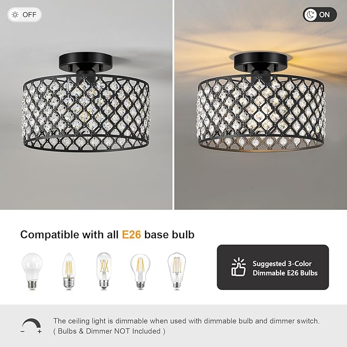 Black Crystal Ceiling Light Fixture,Modern Semi Flush Mount Ceiling Lighting Fixture,Round Small Chandelier for Dining Room, Hallway, Entryway, Kitchen, Bedroom,Foyer,1 Light,11.2 inch
