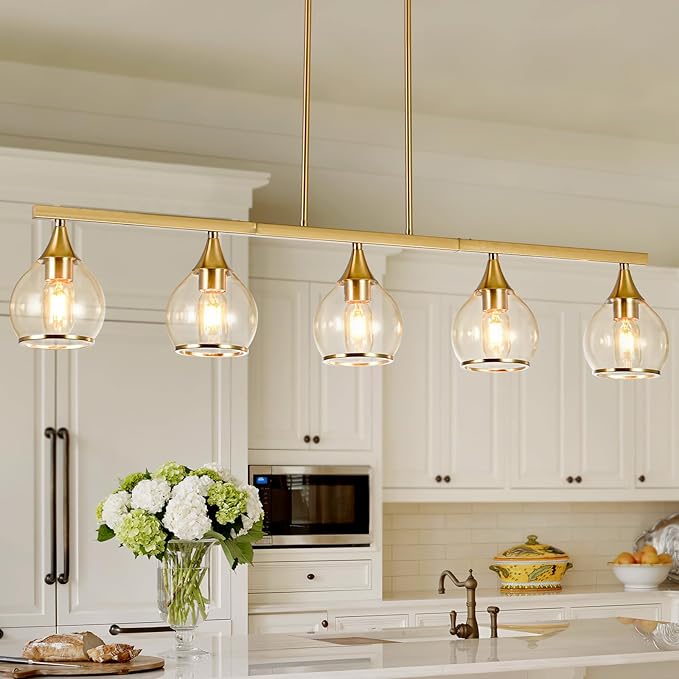 Island Light for Kitchen, 5-Light Gold Kitchen Island Linear Hanging Light Chandeliers, Brushed Gold Dining Room Light Fixture Over Table with Clear Round Glass Shades