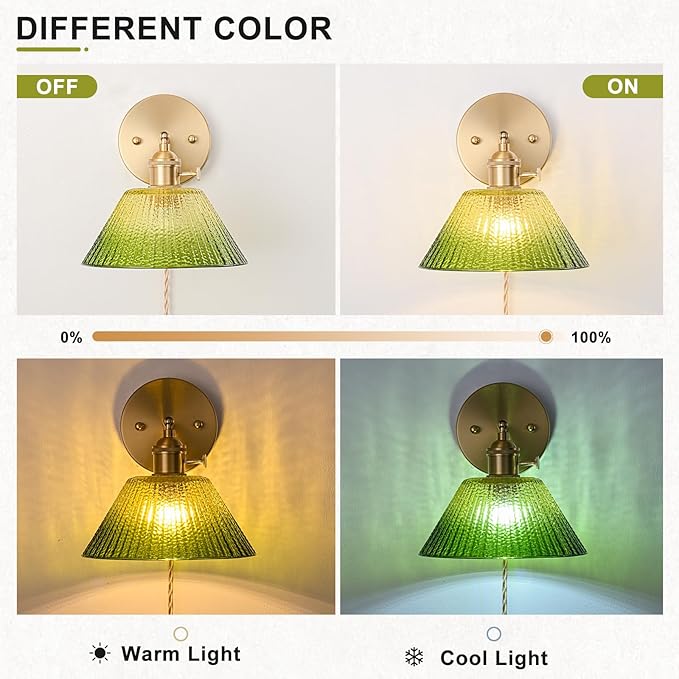 Plug in Wall Sconces Set of 2, Vintage Wall Sconce Light with Gradient Green Glass Lampshade, Bedroom Wall Sconce with Switch and Plug in wall lamp Cord, Gold Wall Light Wall Decor Set of 2