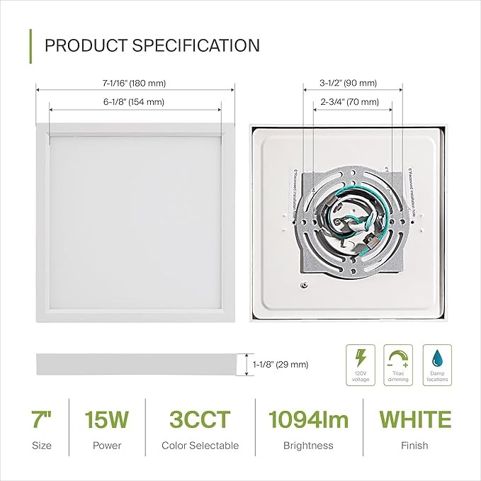 ASD LED 7" Square Flush Mount Light | 15W 1100LM 3000-5000K 120V | 3CCT, Dimmable, Ultra Slim, ETL Listed | Thin Surface Lamp, Bedroom Ceiling Lighting | White, 12 Pack