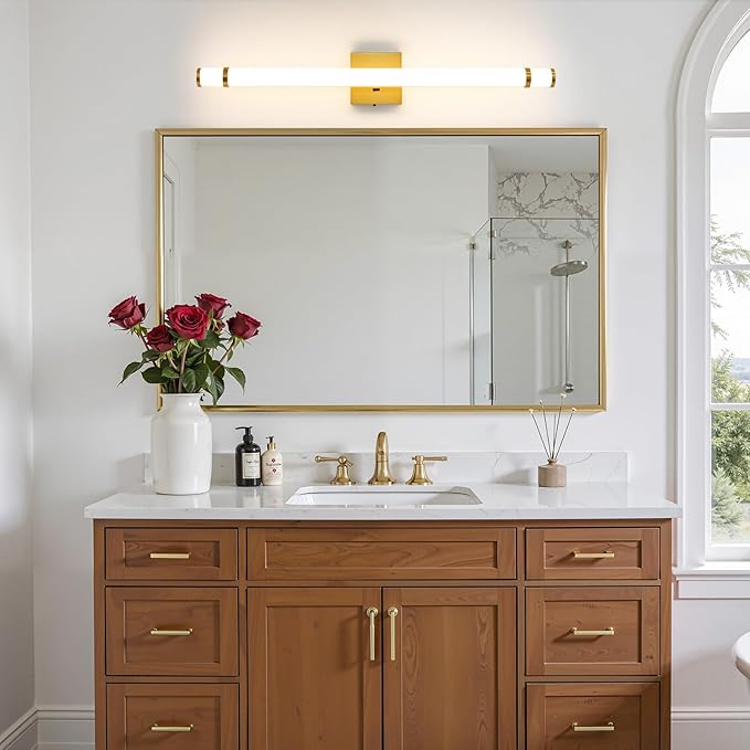 LED Modern Bathroom Light Fixtures Over Mirror - 31 Inch Gold Vanity Lights for Bathroom with Acrylic Shade 19W Dimmable 5CCT Bathroom Sconces Wall Lighting(Built-in Dimmer)