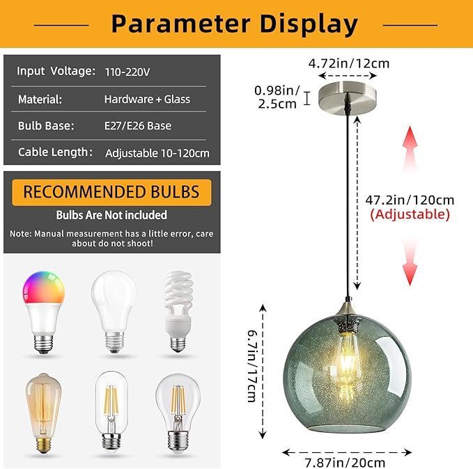 Mikeru Glass Globe Pendant Light Single, 7.87 Inch Gray Green Bubble Glass Hanging Lamp, Mid Century Modern Pendant Lighting for Kitchen Island Dining Room Bedroom (Bulb Not Included)