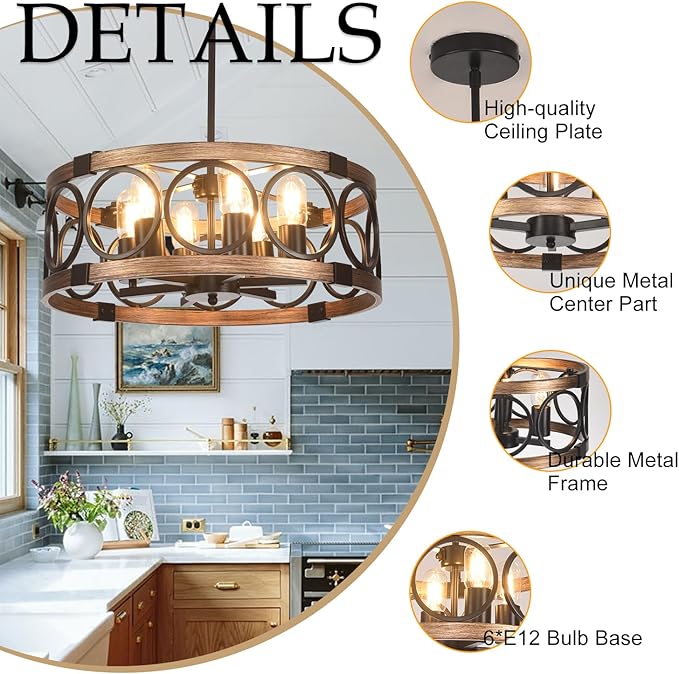 Semi Flush Mount Ceilnig Light,6-Light Farmhouse Chandelier Rustic Light Fixture Ceiling Mount 19.7" Vintage Drum Chandelier for Dining Room Light Fixtures for Kitchen