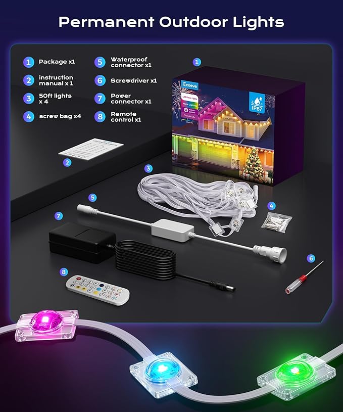 Permanent Outdoor Lights for House,200ft RGB+IC Lights with 16 Million Colors & 50 Scene Modes, App/Remote Control, IP67 Waterproof, DIY Music Sync, for Christmas, Holiday & Party Decor