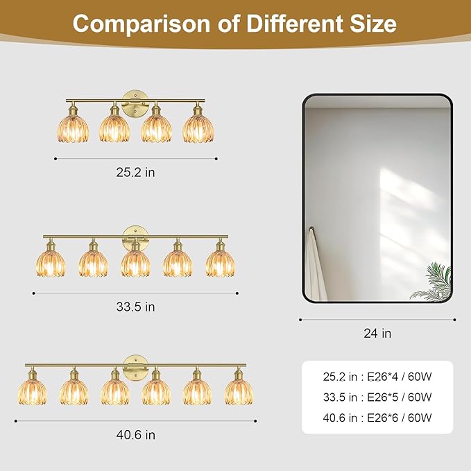 Vintage Bathroom Light Fixtures,6-Light Hardwired Vanity Lights with Amber Tulip Glass Shade,Gold Bathroom Vanity Light for Mirror Restroom,E26 Socket,40.55 in(Bulbs Not Included)