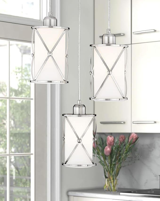 Brushed Nickel Dining Room Chandelier Light Fixture, 3-Light Pendant Lighting with Frosted Glass, Modern Kitchen Island Cluster Hanging Pendant Lights for Sink, CH9176BNW3