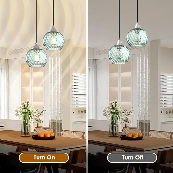Pendant Lights Kitchen Island,2 Pack Farmhouse Pendant Lights,Green Striped Swirl Globe Glass Pendant Light Fixtures,Mini Island Lights For Kitchen,Modern Hanging Light Fixture With Adjustable Height