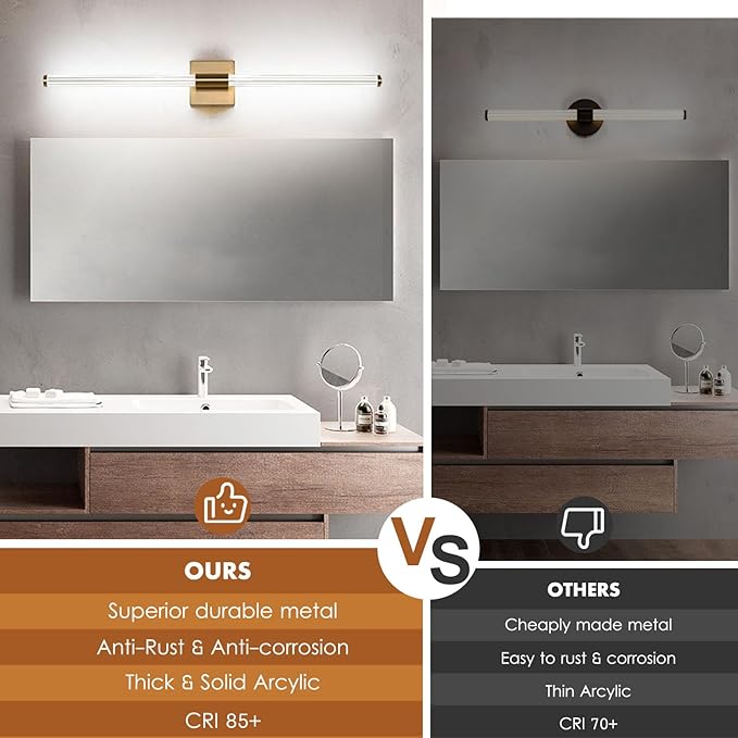 Modern LED Vanity Light, 360° Full Lighting Bathroom Light Fixture Over Mirror, 28W 5500K Cool White, Hardwired Wall Sconce, 31.6 Inch, Brass