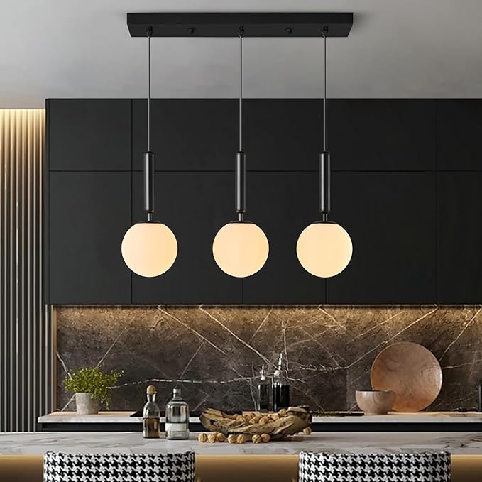 Modern Black Pendant Lights Kitchen Island Mid Century with Globe Pendant Light Milk White Glass Pendant Lighting for Living Room Bedroom Entryway (3 Lights)