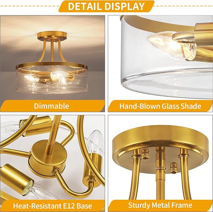 11.81" Brushed Gold Semi Flush Mount Ceiling Light Modern Glass Entryway Light Fixture Hallway Light Fixtures 3-Light Drum Ceiling Lamp for Bedroom Kitchen Island Dining Room Laundry Room Lighting