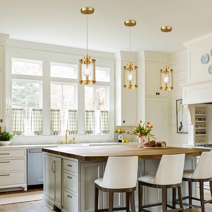 Brushed Gold Pendant Lights Kitchen Island 3 Pack, Modern Kitchen Pendant Lighting Over Island with Clear Glass, Farmhouse Brass Mini Hanging Light for Kitchen Sink Dining Room, OS-3014-3PBGC