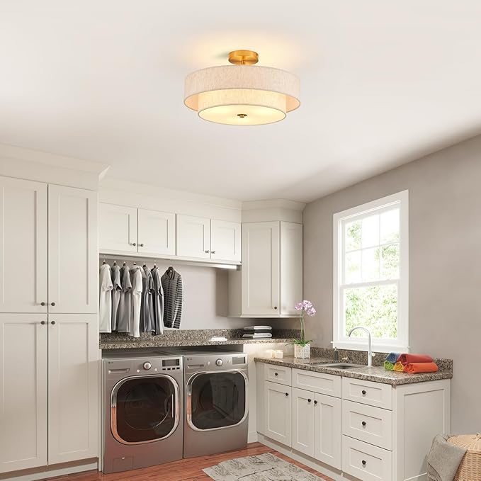Modern Semi Flush Mount Ceiling Light 18" Modern Gold 3-Lights Drum Ceiling Lighting Fixture Vintage Linen Golden Ceiling Lamp for Laundry Room, Kitchen, Basement, Dining Room, Bedroom