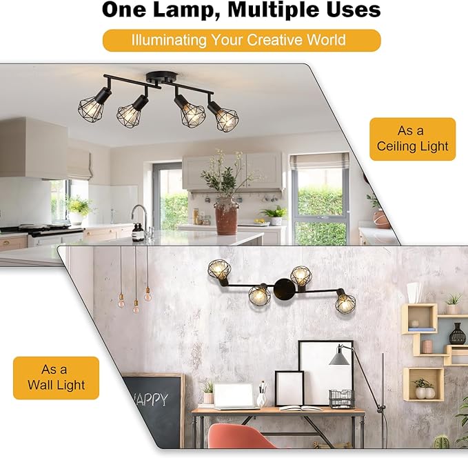 4-Light Track Lighting Fixtures Ceiling, Adjustable Black Track Light Fixture with Metal Wire Cage Farmhouse Chandelier for Dining Room,Kitchen, Bedroom, Hallway, E26 Base(Bulbs Not Included)