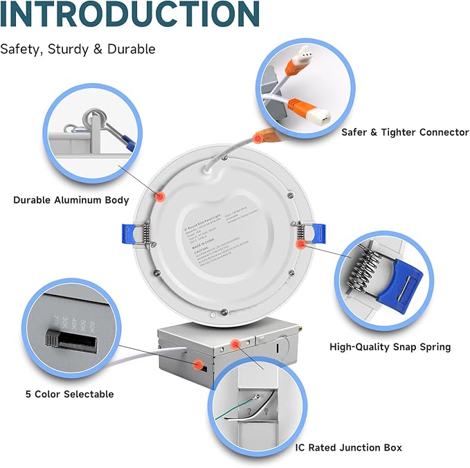 ECOELER 6 Pack 6 Inch 5CCT Ultra-Thin LED Recessed Ceiling Light with Junction Box, 2700K/3000K/4000K/5000K/6000K Selectable, 12W, 1100Lm, Dimmable Canless Recessed Lighting, ETL&FCC Listed