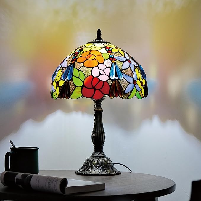 Tiffany Style Stained Glass Table Lamp, Floral Flower Desk Light with Antique Bronze Resin Base, Colorful Decorative Lighting for Bedroom, Living Room, Office 12X12X19 Inch (Flower Floral)