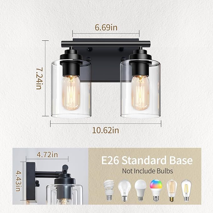 SKEJAO Bathroom Vanity Light Over Mirror,Bathroom Light Fixture Wall Sconce Lighting for Bedroom,Living Room (Black, 2-Light)