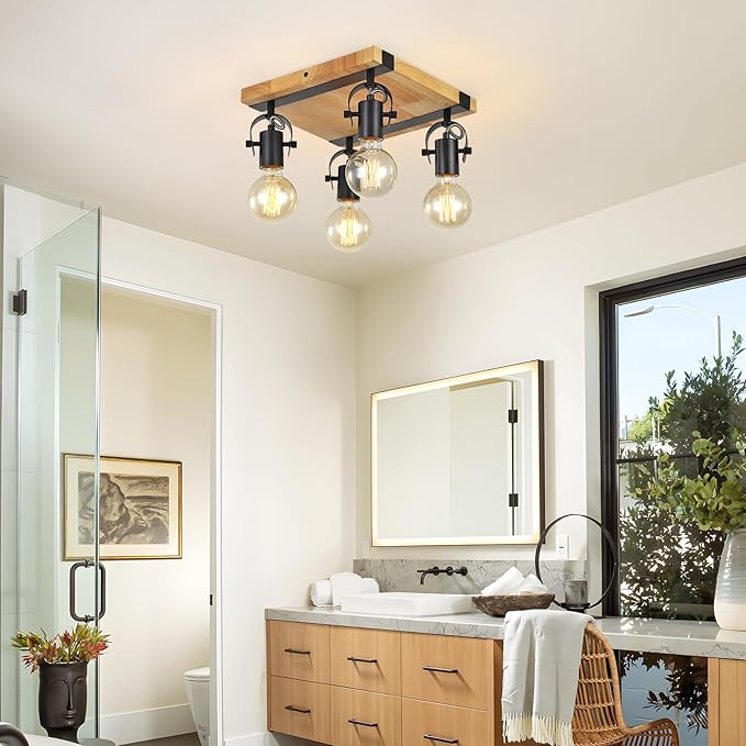 SEEBLEN Farmhouse Wooden Flush Mount Ceiling Lamp,4-Light Directional Ceiling Spotlight Track Light Kits,Rustic Farmhouse Kitchen Light Fixtures for Kitchen Bathroom Bedroom Hallway.