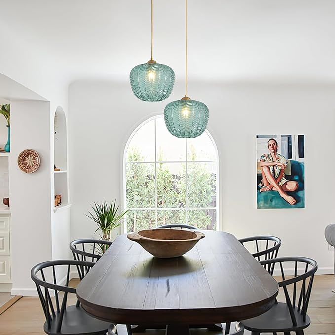 KCO Lighting Vintage Green Glass Pendant Light Gold Globe Pendant Lights Mid Century Modern Hanging Light Retro Pendant Light Fixtures