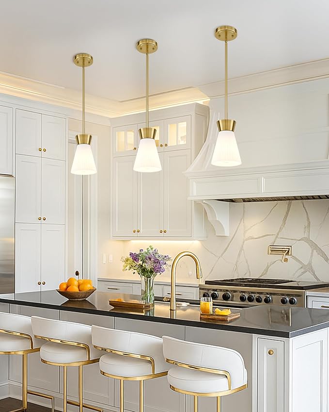 Gold Pendant Light, HWH Hanging Light Fixture for Kitchen Island, Bedroom, Modern Pendant Light with Milk White Striped Glass, Gold Finish, 5HZG107MIL BG