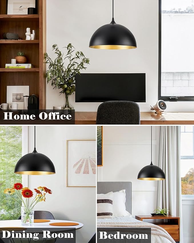 14 Inch Black Dome Pendant Lights, Large Pendant Light Kitchen Island 1 Pack, Black and Gold Island Pendant Light, Kitchen Pendant Lights for Dining Room, Living Room