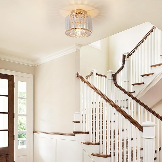 Gold Ceiling Lamp, Semi Flush Mount, Small Crystal, Entryway Chandelier for Dining Room, Bedroom, Kitchen