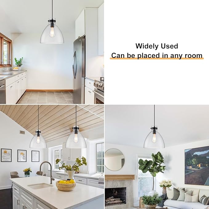 WILON Pendant Lights, Pendant Lights Kitchen Island, 1-Pack Black Farmhouse Pendant Light Fixtures with 9.8" Round Glass Shade for Dining Room Over Table Sink Bar Foyer
