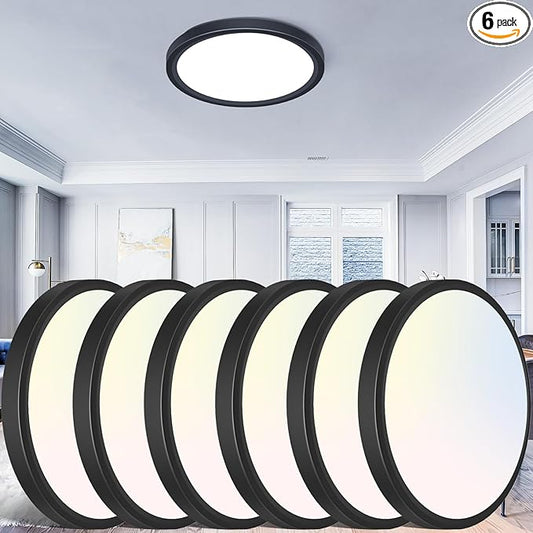 libtit 12 inch Flush Mount LED Ceiling Light Fixture, 3000K 4000K 6500K Adjustable, 28W 3200lm Black Round Lighting Fixtures for Bathroom Shower Hallway Kitchen, 6 Pack