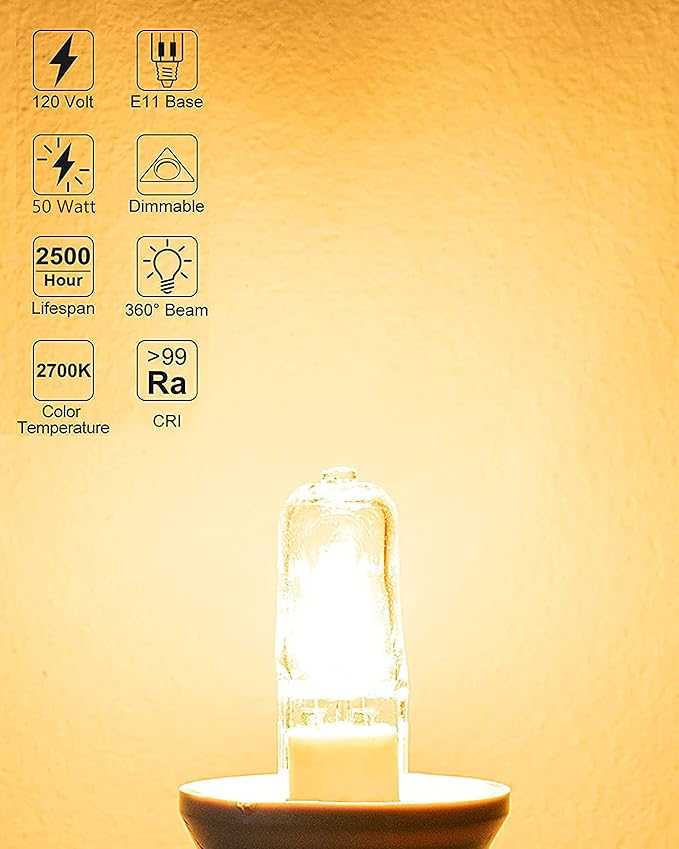 4 Pack JDE11 Bulb,120V 50W Halogen Mini Candelabra Bulbs,T4 JD E11 Bulb Dimmable 2700K Warm White(Replacement E11 LED Bulbs) for Chandeliers,Candelabra,Ceiling Fan,Table Lamps,Cabinet Lighting