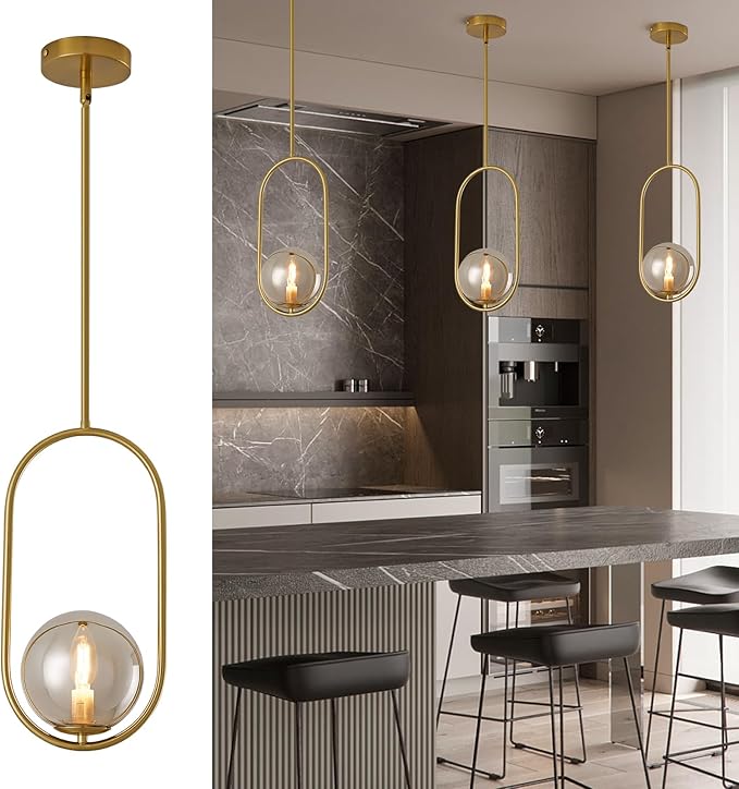 Modern Pendant Lighting Gold Hanging Light Fixture for Sloped Ceiling,Brass Pendant Lighting Fixture Pendant Chandelier Globe Gray Hanging Light